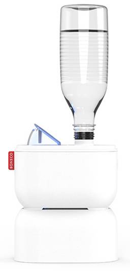 A white sparkling water maker with a water bottle attached. The device has a lever for carbon dioxide supply.