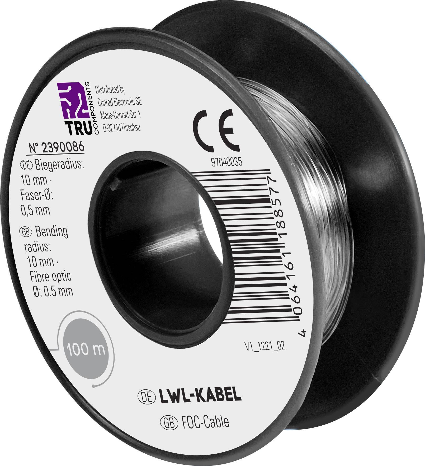 Reel with 100 m fibre optic cable. Bending radius: 10 mm, fibre: 0.5 mm. CE-certified.