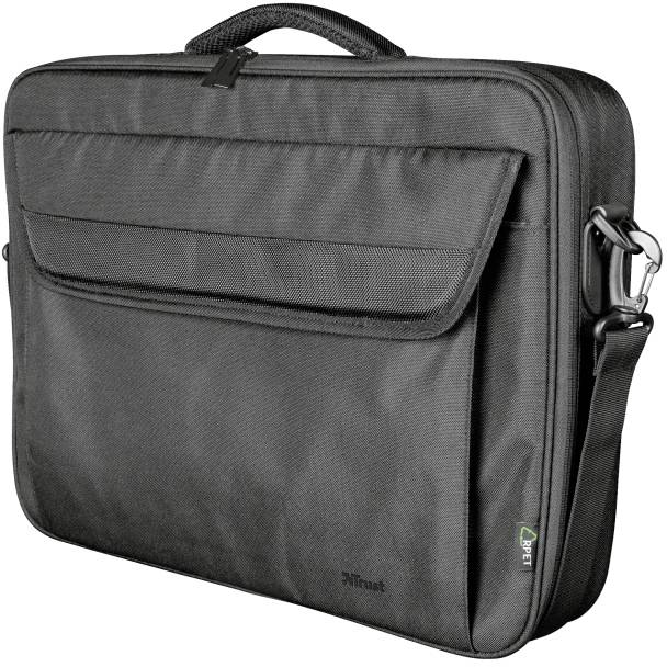 Black laptop bag with shoulder strap and large front zip compartment, suitable for securely transporting laptops.