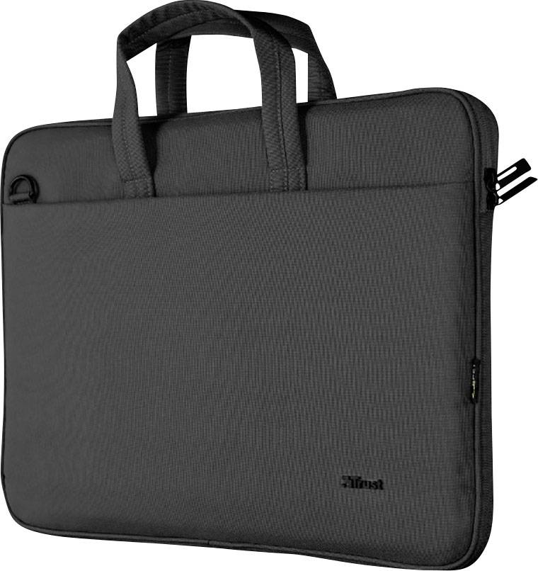 Black laptop bag with two handles and zip, simple design.