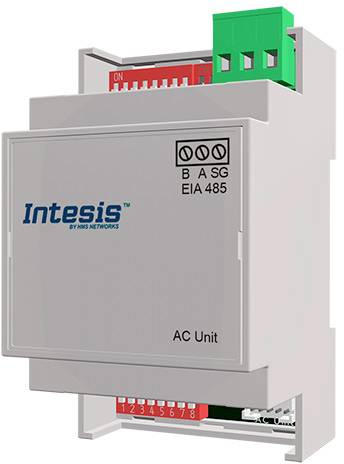A white Intesis AC interface module with a green connector, used for building automation systems.