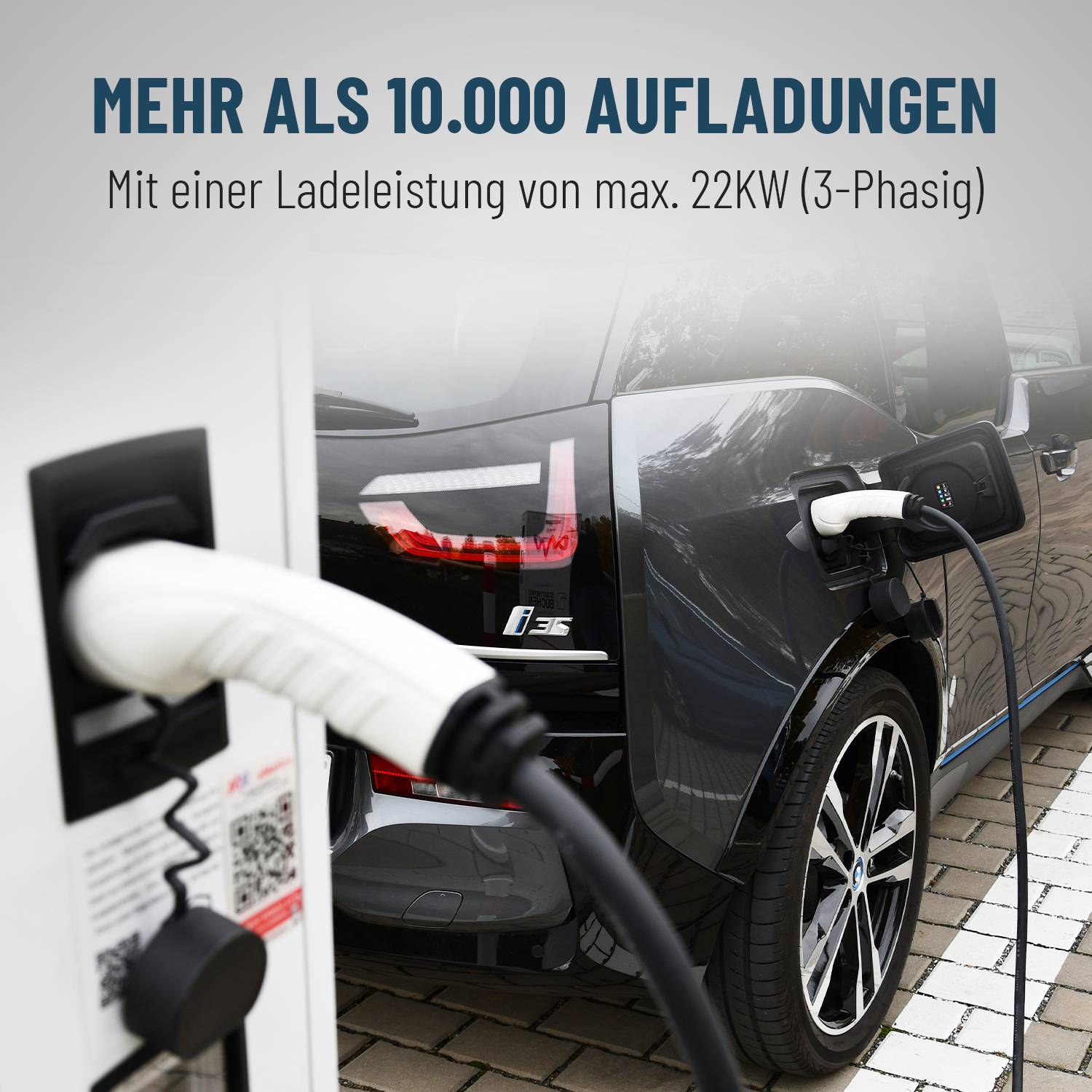 An electric car is being charged at a charging point, Text: 'More than 10,000 charges with a charging capacity of up to 22kW (3-phase)'.