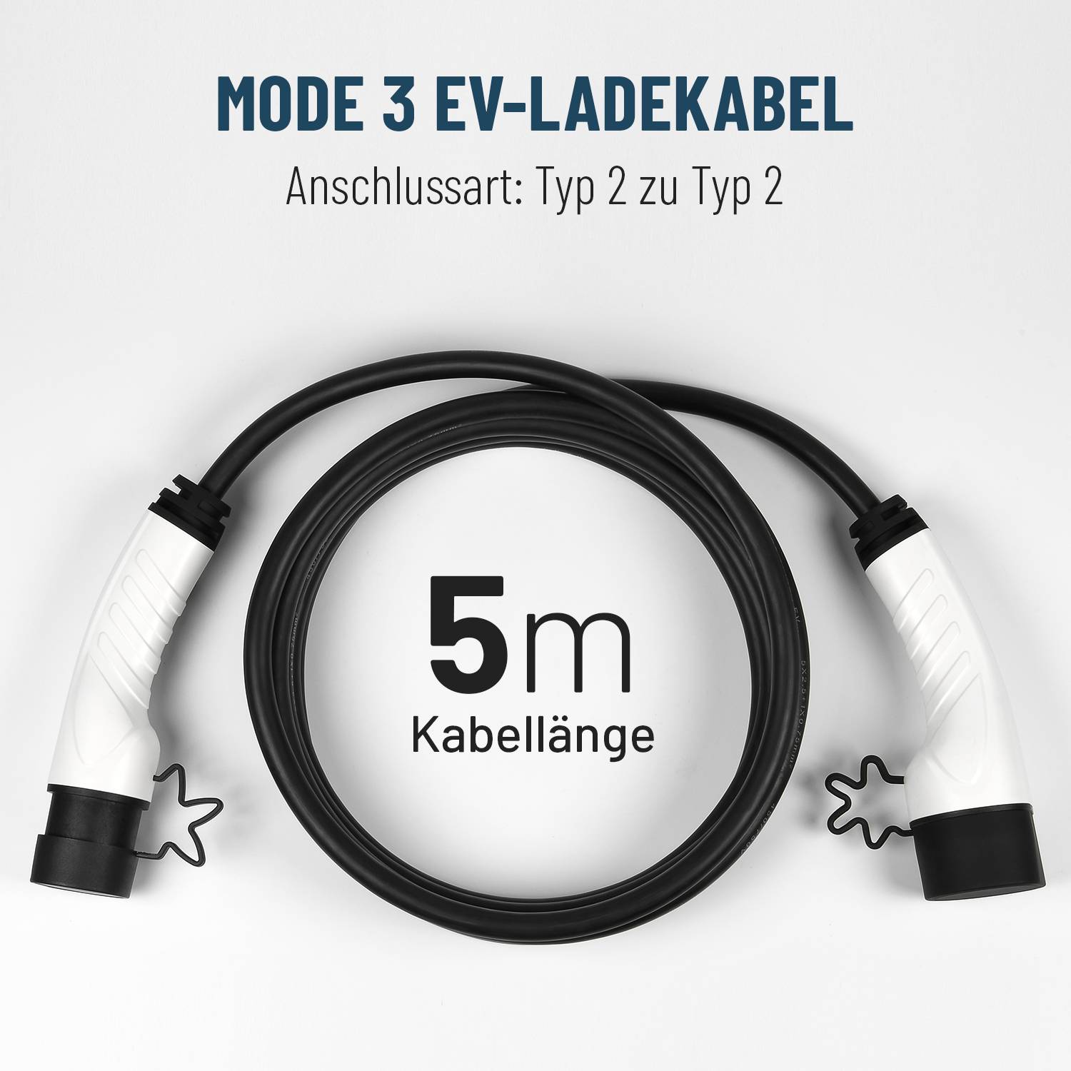 'Mode 3 EV charging cable' with 5 m cable length and connection type: Type 2 to Type 2.