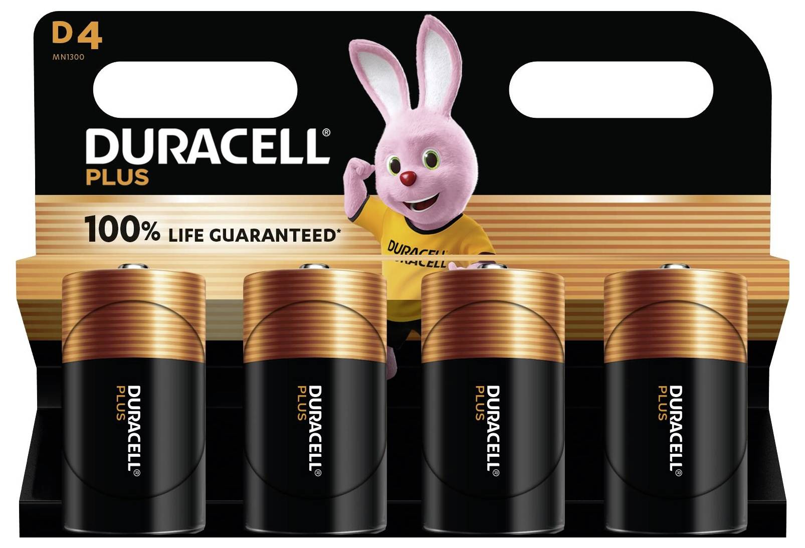 Four-pack of Duracell Plus D batteries with package featuring a pink bunny mascot and text '100% Life Guaranteed'.