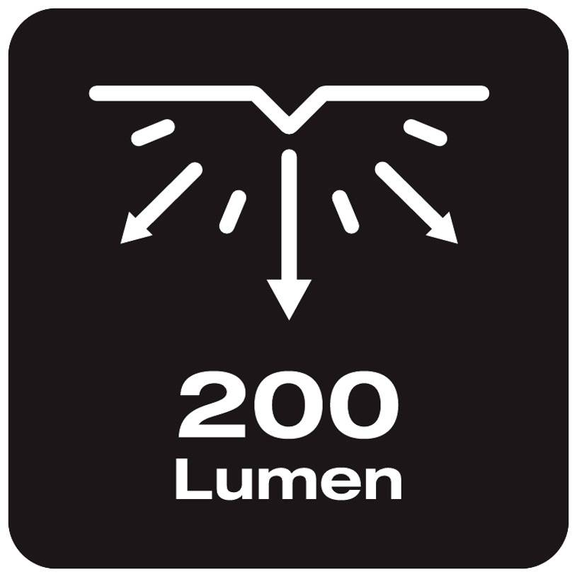 Symbol for light emission, arrows pointing in four directions. Text: 200 lumens.