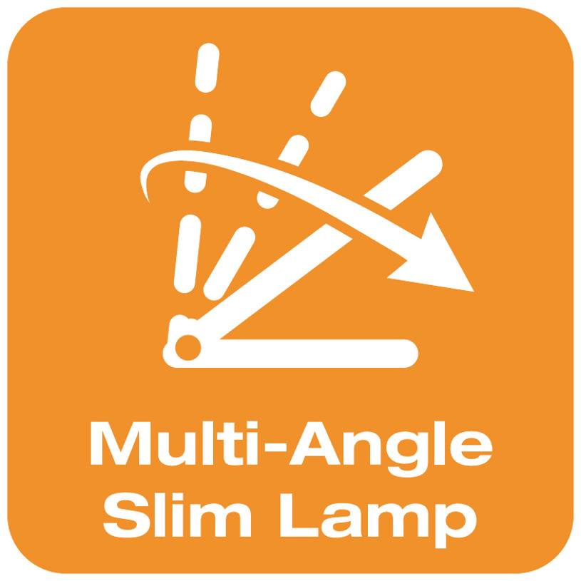 'Multi-Angle Slim Lamp' in white text on an orange background, with an iconic light and variable tilt angle shown on the right.