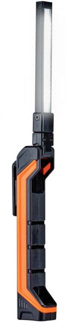 Portable work light with a black handle and orange accent, featuring a long, narrow LED light strip, standing upright.