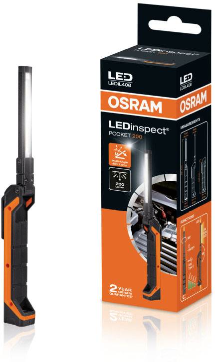 Hand torch with slender design and LED technology. It is shown standing upright, with the packaging displaying technical details beside it.