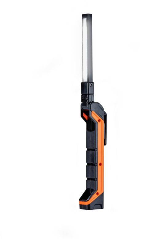 Hand torch with a black and orange casing, featuring a long, slim illumination head. Ideal for workshop tasks and hard-to-reach areas.