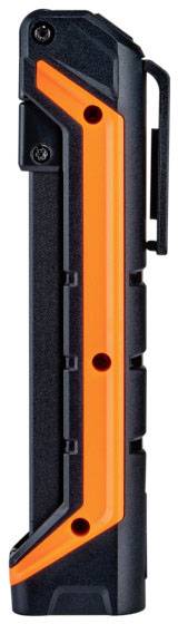 Black and orange L-shaped tool with fixing screws, suitable for securing or connecting materials.