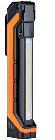 A sleek, portable LED lamp with a black and orange housing, suitable for crafts or outdoor activities.