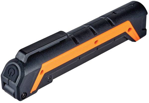 Portable black torch with an orange stripe and a power button at one end. Ideal for outdoor or emergency use.