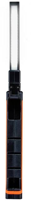 Black and orange hand torch with a slim handle and a long, illuminated light strip at the top.