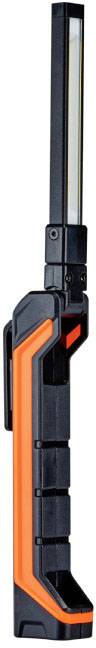 A rectangular, portable work light with an orange and black design. The light is handy and easy to transport.