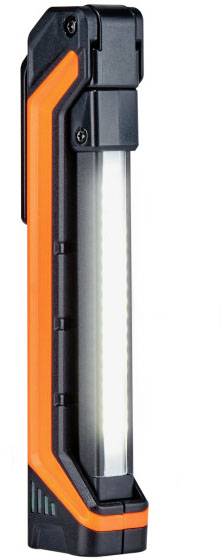 Slim, portable LED work light with black and orange casing, ideal for workshop and outdoor activities.