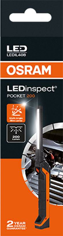 Packaging for an Osram LEDinspect Pocket 200 Lamp. Shows an LED pen torch in black and orange against an open car engine.