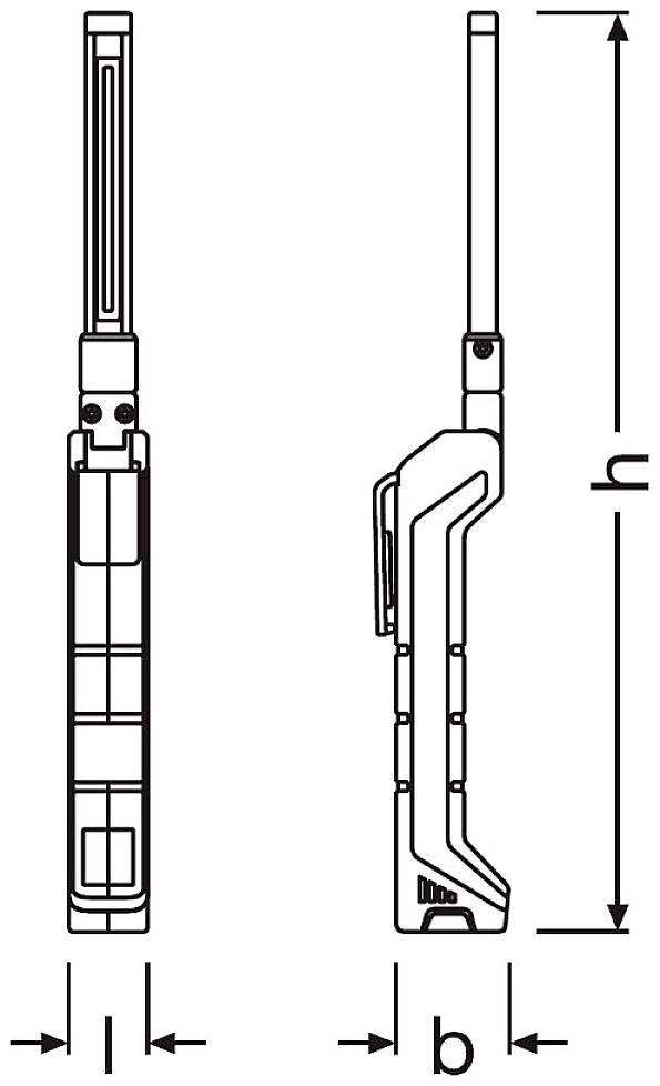 Technical drawing of a device: Side view with dimensions l, w and h; shows narrow, rectangular shape with protruding details.
