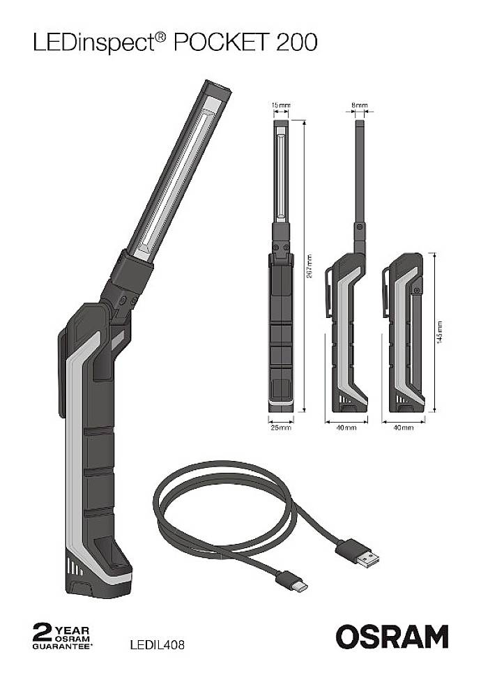 'LEDinspect POCKET 200' torch by OSRAM with USB charging cable. Product dimensions and warranty information visible.