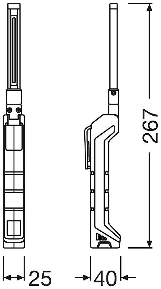 Side view of a slender, rectangular device with telescopic antenna and dimensions: 267 mm height, 25 mm width, 40 mm depth.