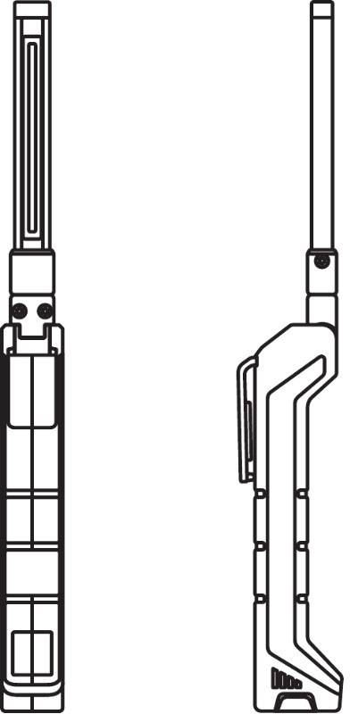 Technical drawing of another tool with a handle and a straight, elonged element. Front and side view.