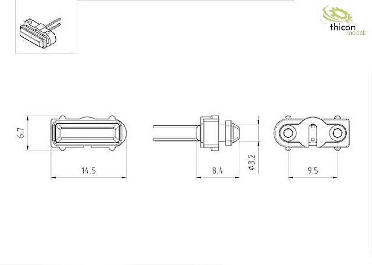 Technical drawing of a plug with dimensions: Length 14.5 mm, Width 9.5 mm, Diameter 3.2 mm. 'Thicon models' logo top right.
