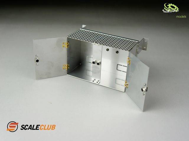 Metal cabinet with open hinged doors and a grid grating top; hinges visible, logo positioned bottom left of the image.