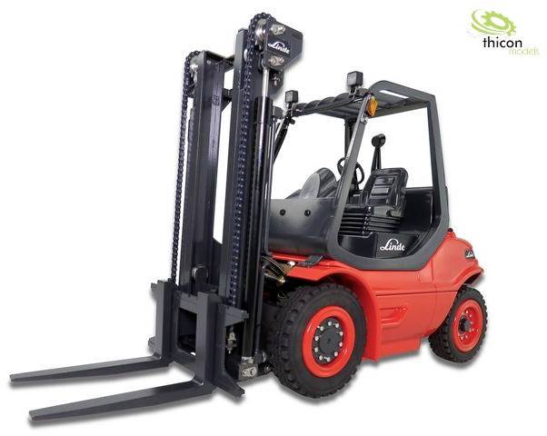 Red and black forklift with 'thicon models' logo in the top right corner.