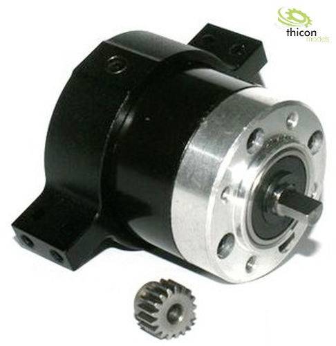 A black and silver electric motor with a gear wheel, commonly used in model making. Simple design, manufacturer's logo positioned in the top right corner.