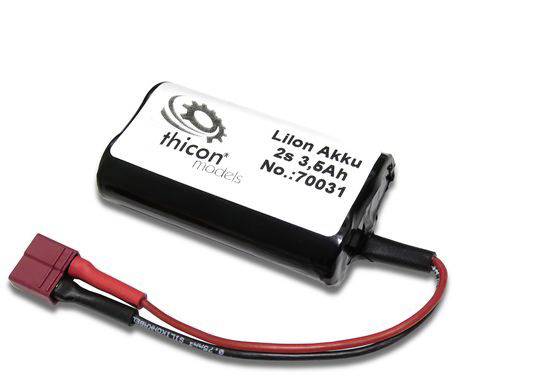 A black lithium-ion battery with the inscription 'thicon models LiIon Battery 2S 3.6Ah' and a red connection lead.