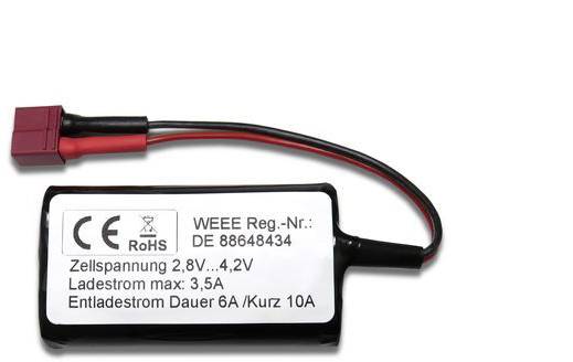 Battery pack with red and black cable cores, CE and RoHS certification. Cell voltage 2.8–4.2V, charging current max. 3.5A.