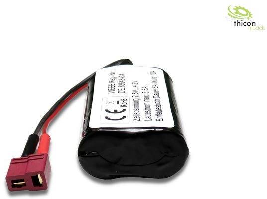 Black battery with cable and red plug. Label displays specifications such as voltage and capacity. Brand logo in top right corner.