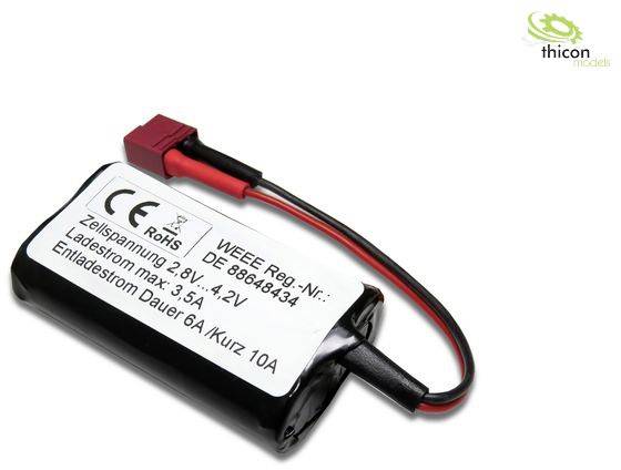 Lithium-ion battery with charging and discharging specifications, red connector and Thicon logo.