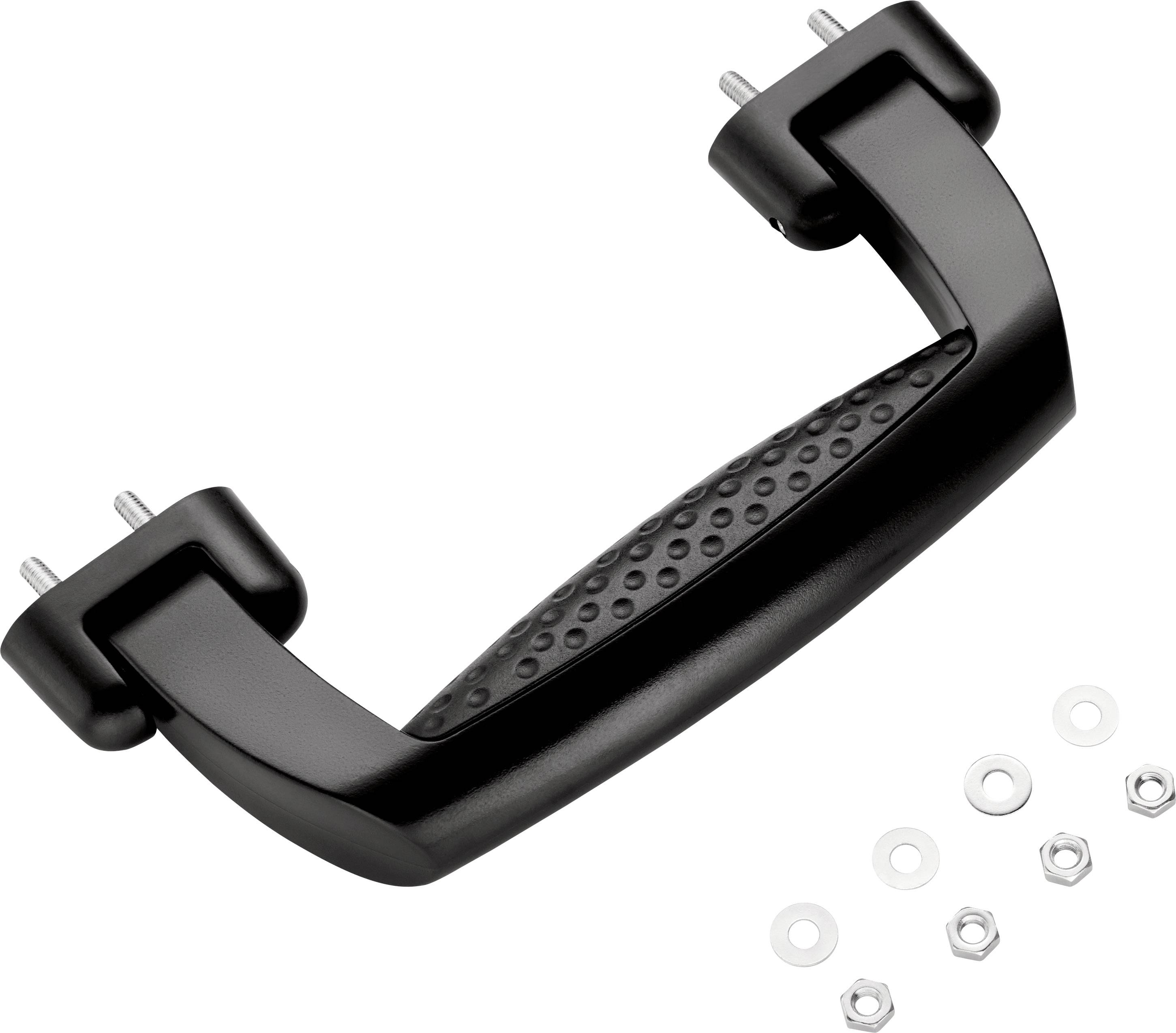 Black, curved handle with four screws and nuts. Surface with non-slip pattern.