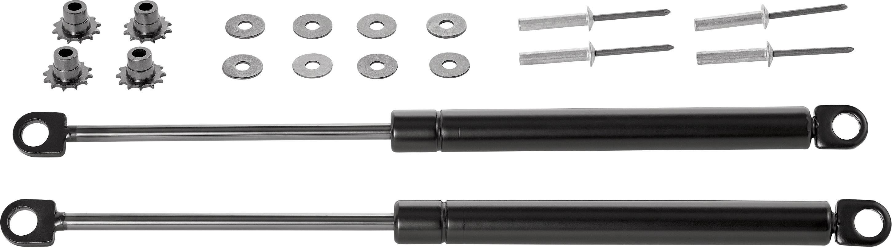 Gas strut set with two black struts, four gears, four washers and four bolts, suitable for installation or repair.