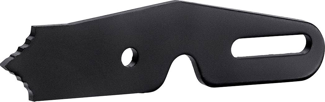 A black, toothed tool with a hole in the centre and a longitudinal opening on the right.