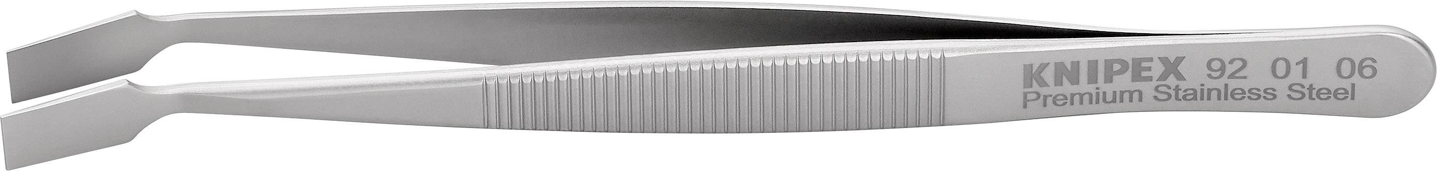 A stainless steel tweezers with the inscription 'KNIPEX 92 01 06 Premium Stainless Steel'. Suitable for precision work.