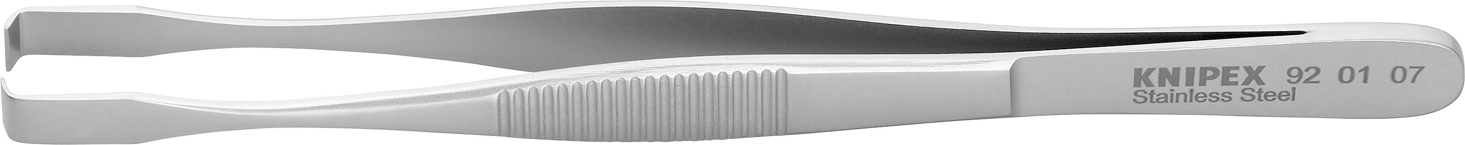 A silver stainless steel tweezers with a ribbed handle, suitable for precise gripping of small objects. Marking 'KNIPEX 92 01 07'.