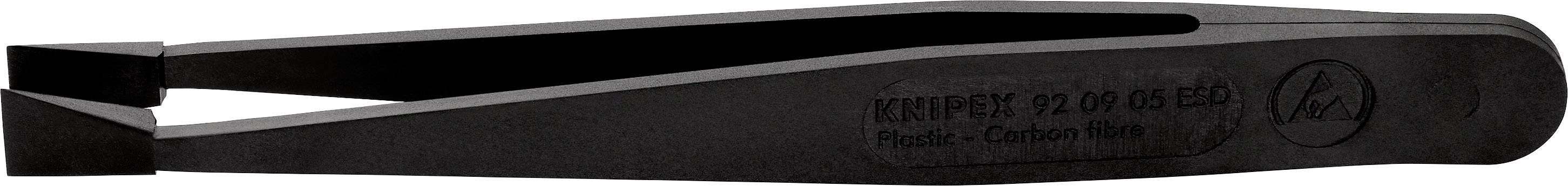 Black tweezers with a bevelled tip and embossed logo on the side, suitable for precisely gripping small objects.