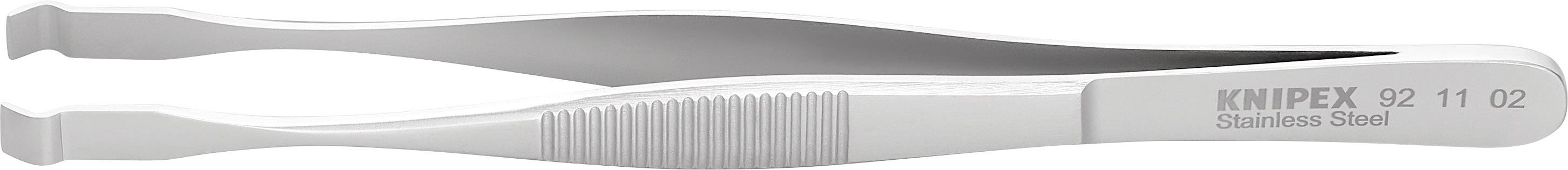 Stainless steel tweezers with a textured handle and curved tip, suitable for precise handling in technical or medical applications.