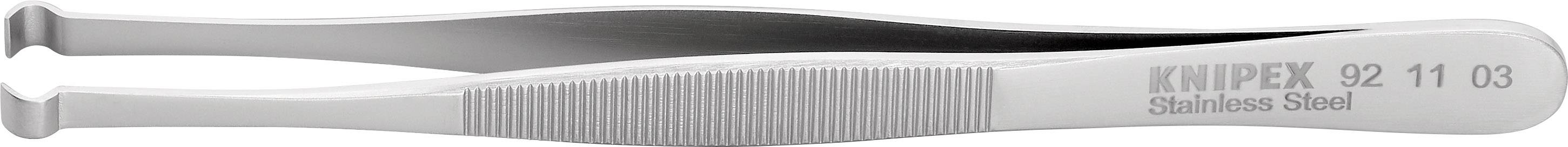 A metal tweezers with a fine tip, side-marked with 'KNIPEX 92 11 03 Stainless Steel'. Suitable for precision work.