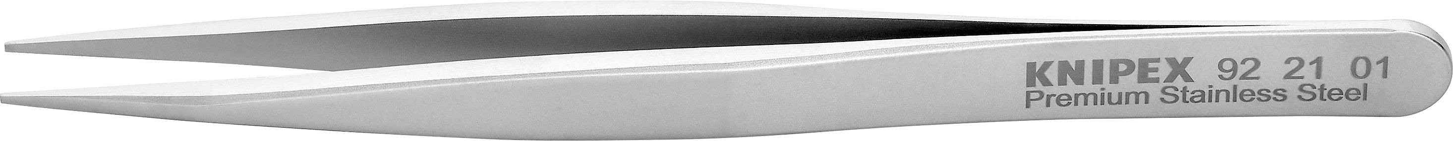 Silver stainless steel tweezers with inscription 'KNIPEX 92 21 01 Premium Stainless Steel', suitable for precise gripping and holding.