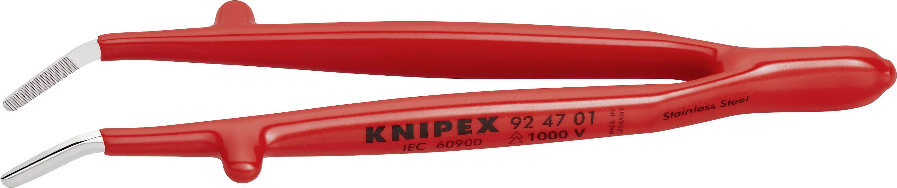 Red KNIPEX tweezers with curved tips, insulated for working on live parts up to 1000V. Suitable for electrical applications.