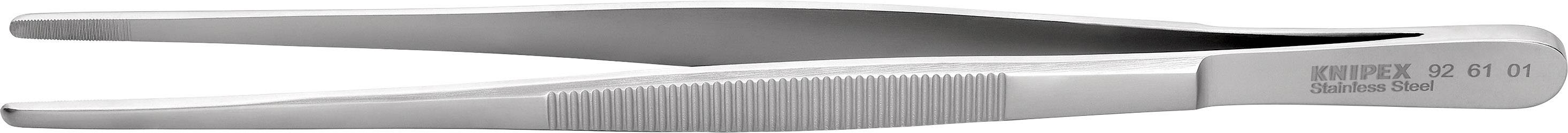 A silver metal tweezers with a ridged handle and a narrow tip, suitable for precise work.