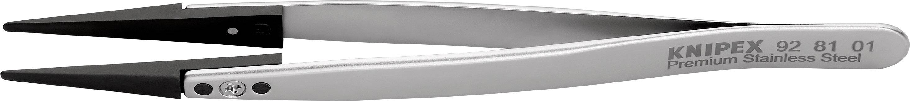 A silver stainless steel tweezers with a black tip, with the inscription 'KNIPEX Premium Stainless Steel' on the side.