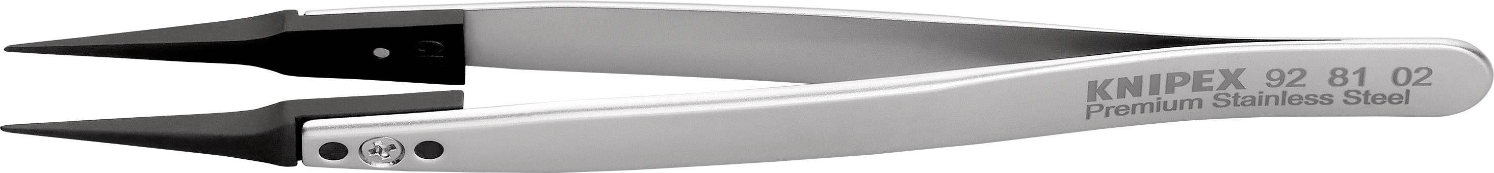 Curved-tip tweezers in stainless steel, Knipex brand.