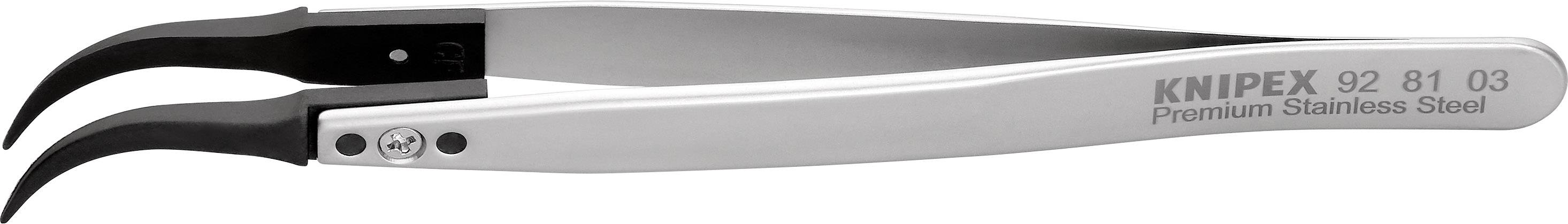 Silver precision tweezers with curved tips, 'KNIPEX Premium Stainless Steel' inscription on the handle.