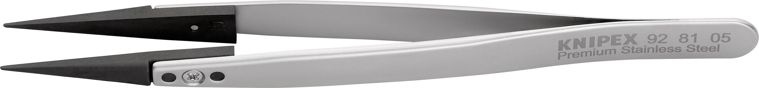 A straight-bladed tweezers made of stainless steel with black tips and the embossing 'KNIPEX 92 81 05 Premium Stainless Steel' on the side.