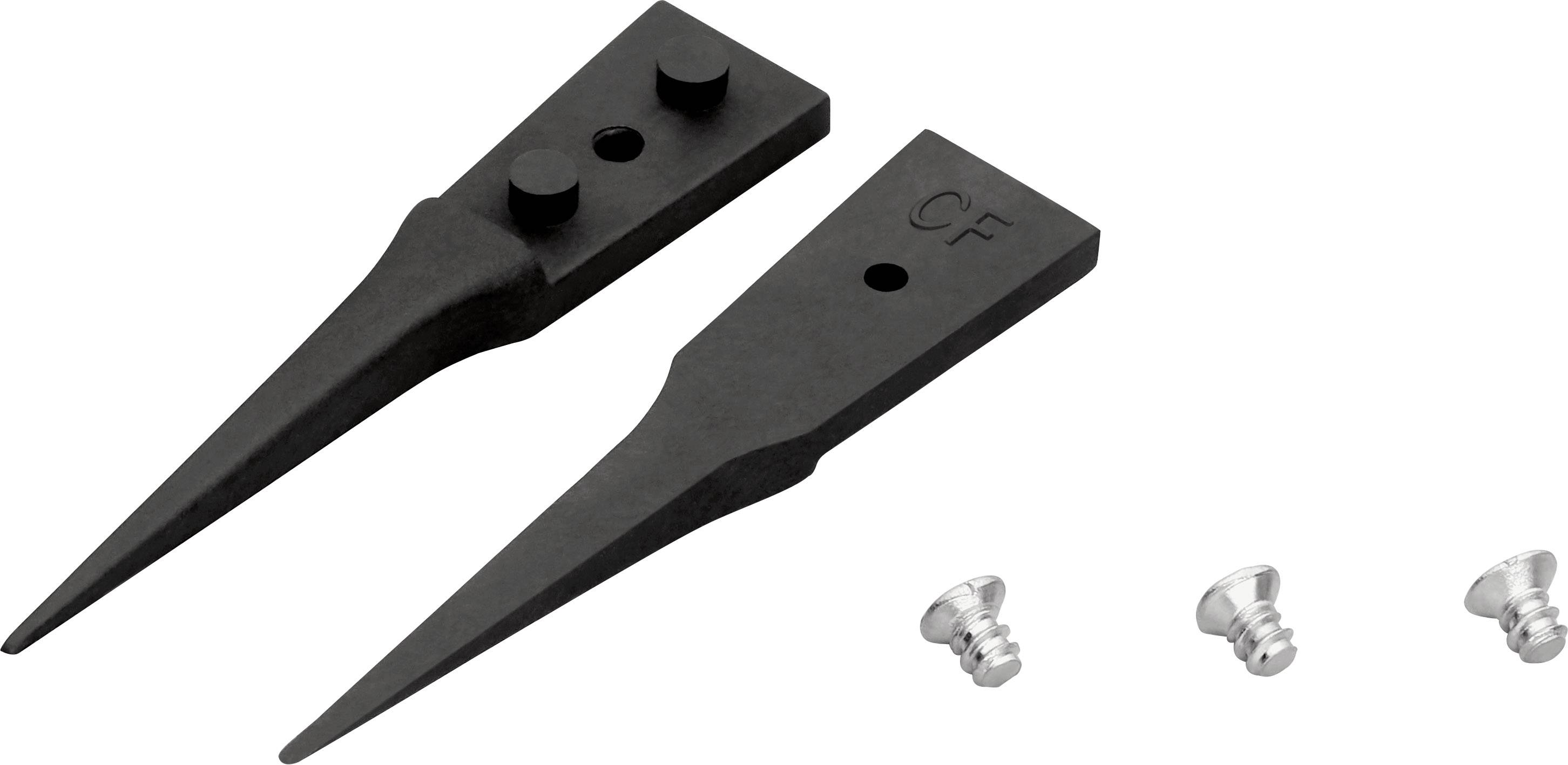 Two black, tapering tool points with a hole and two protrusions each, alongside three silver screws.