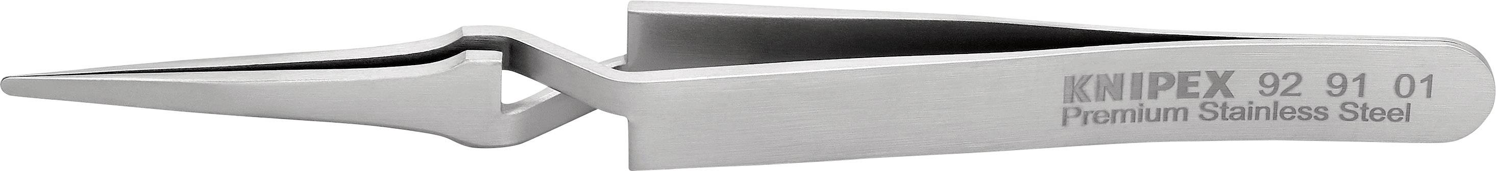 Silver curved tweezers made of stainless steel with the inscription 'KNIPEX 92 91 01 Premium Stainless Steel'.