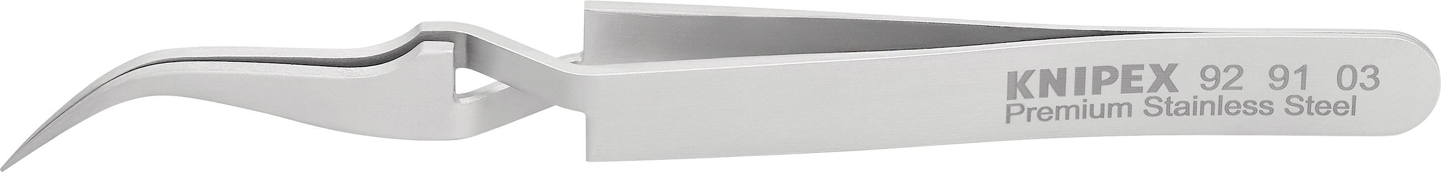 Silver precision tweezers made of stainless steel by Knipex, shown from the side. Details on the tweezers: 'KNIPEX 92 91 03 Premium Stainless Steel'.
